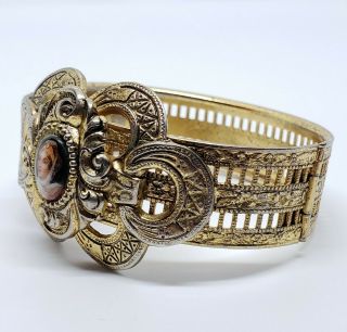Chunky Antique Art Nouveau Gold Gilt Brass Floral Filigree Glass Cameo Bracelet