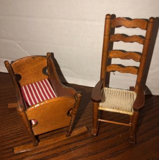 Vtg Dollhouse Miniature Furniture - Baby Crib & Rocking Chair 1:12 Nursery