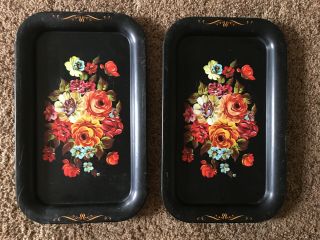Set Of 2 Vintage Black Floral Toleware Small Serving Metal Trays A5