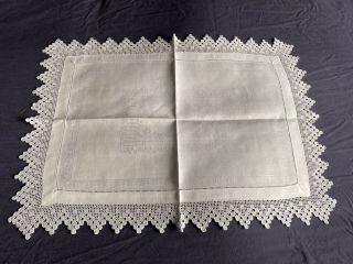 Edwardian Vintage White Irish Linen Damask Butlers Tray Cloth Crocheted Edging