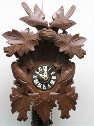 Old Rare German Black Forest 4 Birds Nest & Eggs Hand Carved Cuckoo Clock