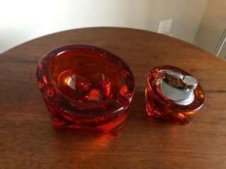 Viking Glass Ashtray And Lighter Set,  Vintage Orange Rare