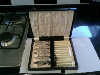 Vintage Boxed Set Of Epns Fish Knives & Forks With Faux Bone Handles.