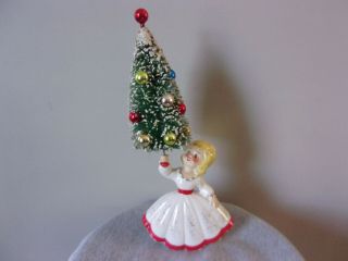 Rare Vintage 1961 Holt Howard Ceramic Christmas Tree Girl & Bottle Brush Tree