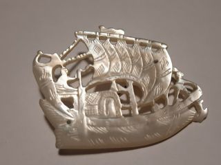 Antique Asian C Clasp Brooch Mother Of Pearl Chinese Junk Highly Detailed 1.