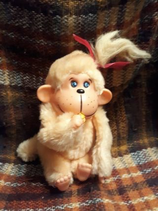 Banana Eating Girl Monkey Vintage Stuffed Animal Toy With Rubber Face Small 1982