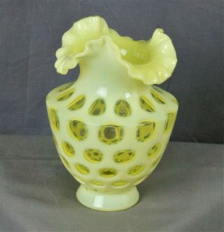 Rare Fenton Topaz Yellow Opalescent Vaseline Glass Coin Dot Ruffled Edge Vase