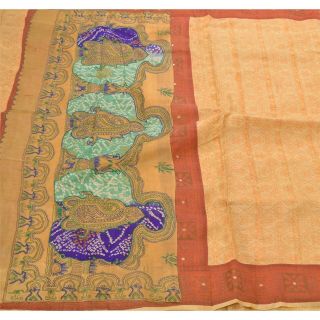 Tcw Vintage Cream Sari 100 Pure Silk Hand Embroidered Craft Fabric Sari