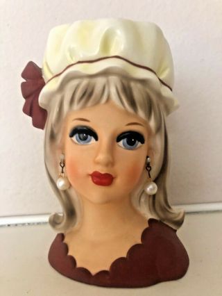 Rare Vintage Mod Teen Lady Head Vase Planter Hat Scalloped Dress Bow Earrings