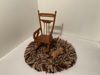 Vintage Dollhouse Miniatures Wooden Rocking Chair Cat & Rug 26