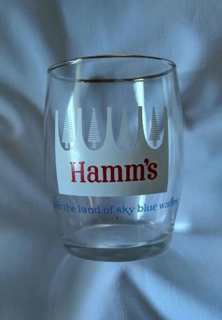 Rare 3 " Hamm’s Beer Barrel Glass White Pines W Gold Rim