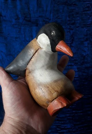 Vintage Heavy Wooden Hand Carved Penguin Solid Carved From One Piece Of Wood