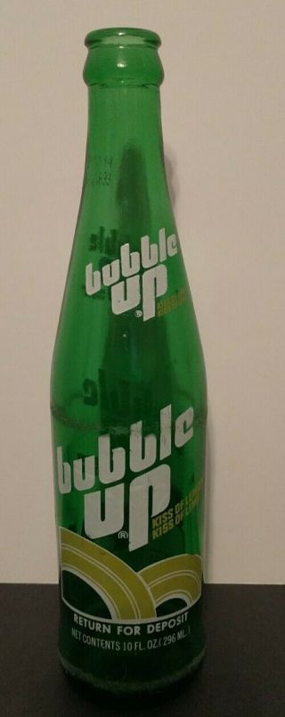 Vintage 1970s Bubble Up Soda Pop Green Bottle 10 Oz.  Kiss Of Lemon - Lime Rare