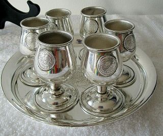 Set Of 6 Vintage Silver Plate Cordial Mini Goblets &tray Crest On Goblets Gd Con