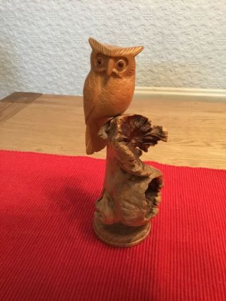 Black Forest Style Carved Wood Owl Bird Figurine On Tree Stump