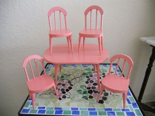 Vintage Unique Wooden Dollhouse Furniture Kitchen Table & 4 Chairs Pink Color