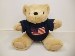 Ralph Lauren Polo 14 " Stuffed Teddy Bear Usa Flag Sweater Plush Vintage 1996