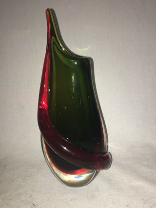 Murano Christmas Sommerso Art Glass Vase Ribbon Red Green Rare Vintage Formia