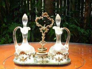 Antique French Brass & Glass Art Deco Condiment Centerpiece France C1930s