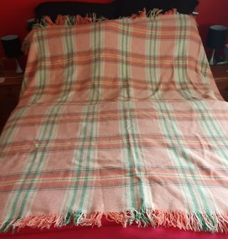 Vintage Welsh Blanket Pure Wool Check Pink,  Green,  Cream Pastel Colours 1950s