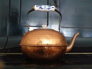 Antique Vintage Copper Brass Ceramic White Blue Floral Handle Teapot Kettle