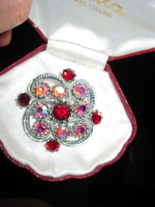 Lovely Vintage Silvertone Pink And Red Aurora Borealis Rhinestone Brooch