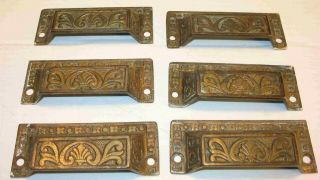 6 Great,  Rare Eastlake Bin Drawer Pulls Bronze Look Iron Motif 3 5/16 " O.  C