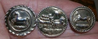 Three Antique French ? 19thc Silver Buttons Embossed With Horses