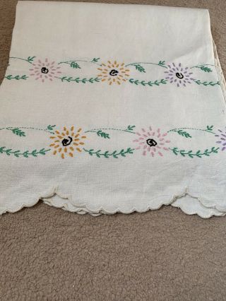 Vintage Hand Embroidered Rectangle Tablecloth With Scalloped Edge 52 X 68