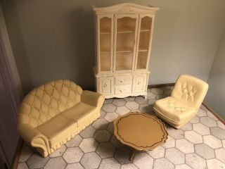 Vintage Sindy Furniture.  Cream Sofa & Chair,  Coffee Table And Dresser.