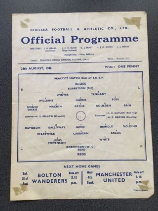 Vintage Chelsea 24/8/1946 Practise Game.  Football Programme - Single Sheet.  Rare