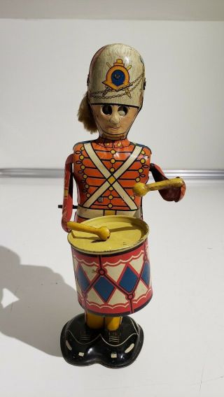 Louis Marx Tin Wind Up George The Drummer With Moving Eyes Feather Rare