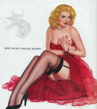 1950s Pin Up Girl Lithograph By Thompson She Wins Hands Down 107