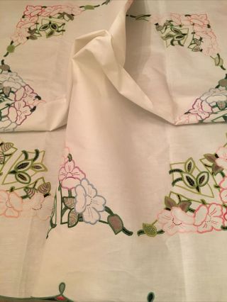 Vintage Floral Embroidered White Cotton Square Tablecloth 130x130cm