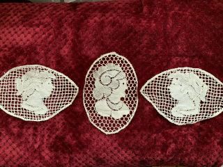Three Antique French Handmade Lace Insertion - Ladies Face - 20cm By 12.  5cm