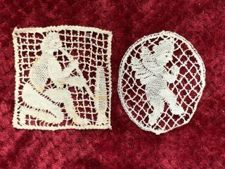 Two Antique French Handmade Lace Insertion - Figural Design.  Angel,  Man W.  Pipe