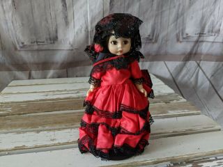 Vintage Madame Alexander Spanish Girl Doll Traditional Red Dress 7″ W/ Stand 795