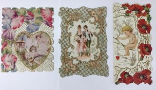 3 Antique Victorian Valentine Cards Die Cut Single Fold