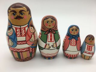 Vintage Wooden Nesting Stacking Dolls Set Of 4 Family Twins Uniquely Painted C1
