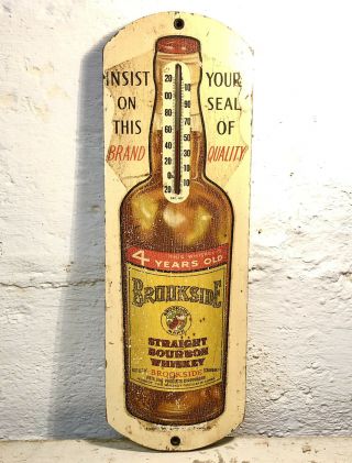 Rare Antique 1930s Brookside Straight Bourbon Whiskey Wooden Thermometer Sign