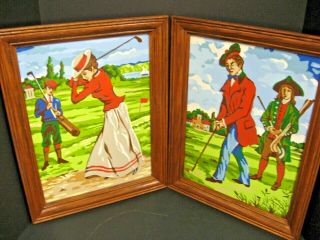 Vtg Pair Paint By Number Victorian Colonial Man Woman Couple Pbn Oil Paintings