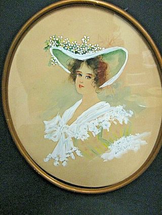 Antique Victorian Woman Gibson Girl Portrait Painting Signed Framed
