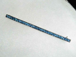 Antique Sterling Silver Bar Pin Brooch W 30 Blue Channel Set Rhinestones -