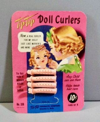 Vintage Tip - Top Doll Curlers On Card 4 Pink Real Curlers For Dolly Hair