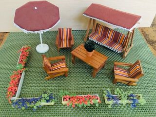Vintage W Germany Miniature Doll House Outdoor Wooden Patio Set Umbrella Swing