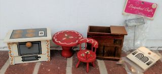 6pc Dollhouse Miniatures - Mailbox - Hat Stand - Wood Stove & Dry Sink - Red Table/chair