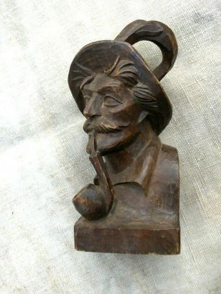 Vintage Black Forest Wood Carving,  Bust Of Man W/ Pipe And Alpine Hat,