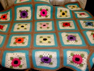 Vintage Crochet Afghan Granny Multicolor Flowers 4 ft 1 