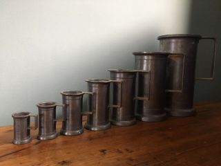 Set Of 7 Rare Antique French Vintage Pewter Measuring Cylinders Jugs Stamped