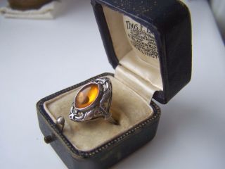Gorgeous Vintage Ornate Solid Sterling Silver Honey Amber Ring Size L 5 3/4 Rare